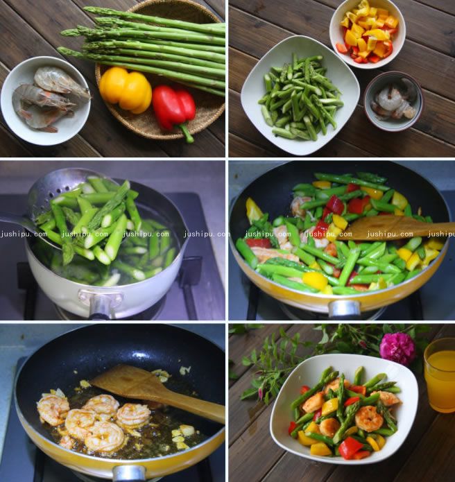 彩椒鮮蝦炒蘆筍的做法 www.sk010.cn